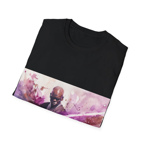 Charcoal cotton tee with Mace Windu lightsaber print for Star Wars fans.