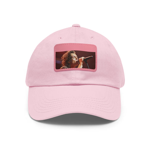 Stylish white baseball cap with light brown patch, perfect for music lovers.