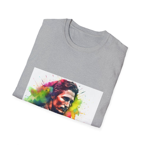 Vibrant watercolor Southern Charisma t-shirt in charcoal color for men.