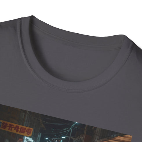 Charcoal cotton T-shirt with vibrant illuminated Asian night market design