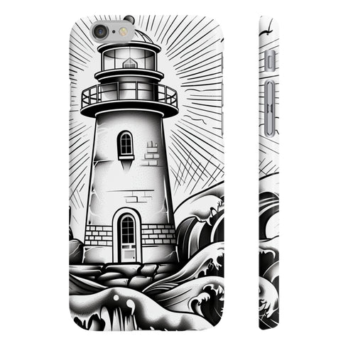 Coastal Charm hand-drawn lighthouse phone case, glossy iPhone 7/8 Plus.