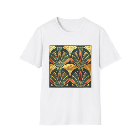 Charcoal cotton t-shirt with vibrant abstract art deco patterns in summer style