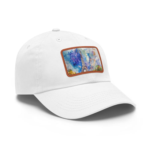 Eiffel Tower Dreams watercolor baseball cap in white with light brown patch