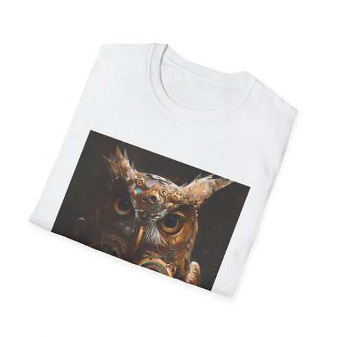 Charcoal cotton t-shirt with intricate steampunk owl featuring gears and cogs