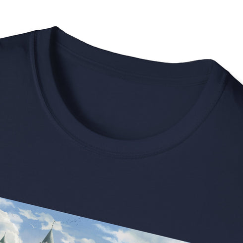 Mystical fantasy castle t-shirt in charcoal, size small.