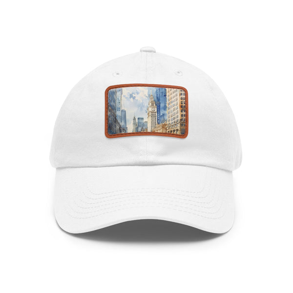 Chicago Skyline Splatter Cap in White with Light Brown Patch & Unisex.