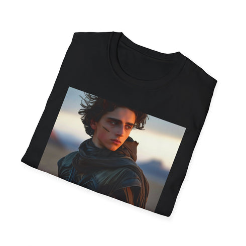 Charcoal cotton T-shirt with bold Dune-themed brushstroke design