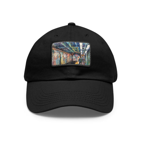 New York Subway Watercolor snapback cap in white with light brown patch.