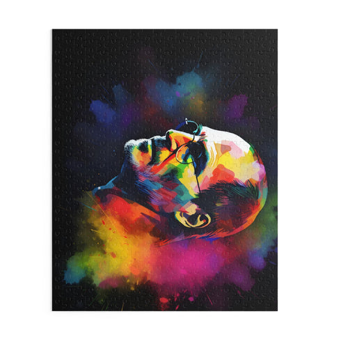 Neon Steve Jobs watercolor puzzle with vibrant colors for jigsaw enthusiasts.
