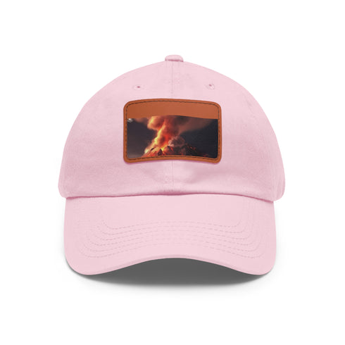 Fiery volcano baseball cap with light brown patch.