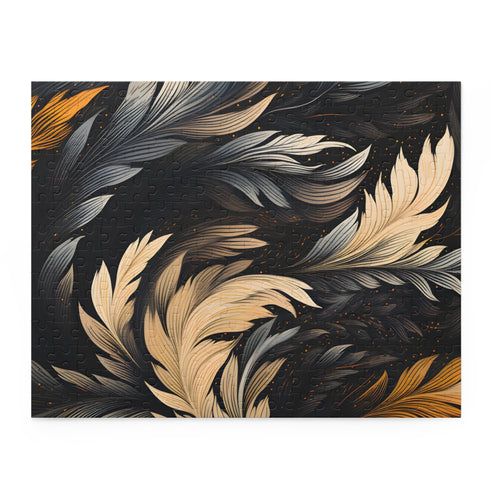 Calligraphy strokes jigsaw puzzle with intricate textura quadrata patterns.