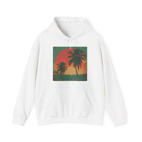 Tropical sunset hoodie in navy, S size, vibrant beach paradise design.
