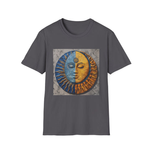 Charcoal crew neck t-shirt with mandala sun and moon design