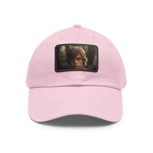 White cotton Jedi Knight baseball cap with rectangle light brown patch.