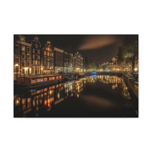 Amsterdam nightscape canvas print: iconic canals under the European moonlight.
