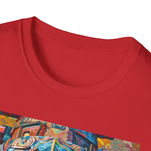 Charcoal crew neck T-shirt with vibrant neon tribal mask painting