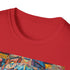 Charcoal crew neck T-shirt with vibrant neon tribal mask painting