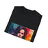 Charcoal cotton T-shirt with vibrant watercolor and neon graphic design