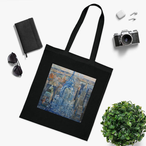 Art Deco Dreams Tote Bag, Black Cotton Tote with Chrysler Building Watercolor Design