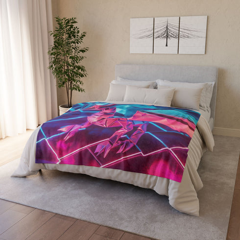 Origami Dragon over a Neon Grid Plush Fleece Throw Blanket