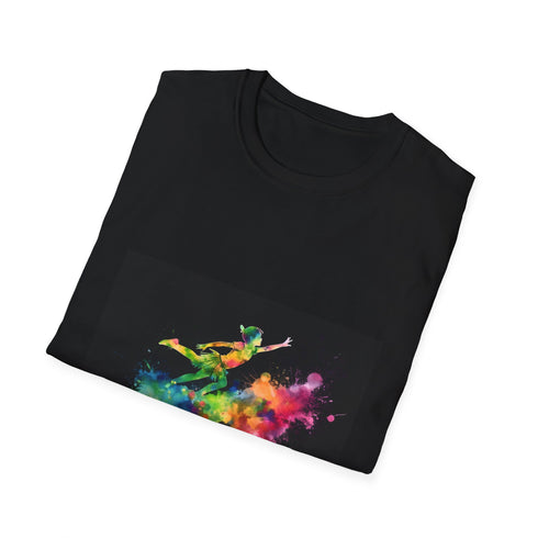 Neon Peter Pan T-shirt with watercolor design on charcoal cotton fabric