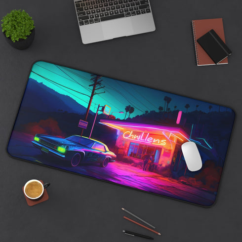 American Diner Neon Sign Desk Mat with vibrant watercolor design.