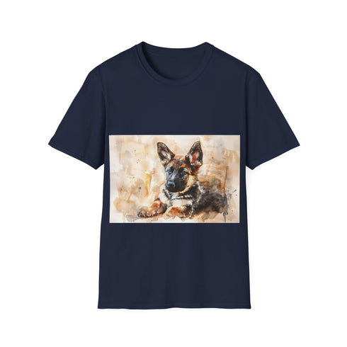 German Shepherd Tee in Charcoal with Watercolor Painting by Benjamin Cook1996
