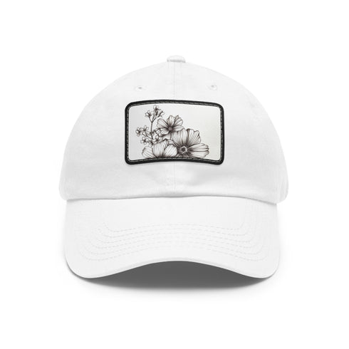 Hand-drawn floral baseball cap in white with light brown patch.