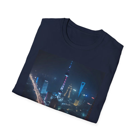 Shanghai Nights watercolor t-shirt, charcoal, men's size small, cotton crewneck.