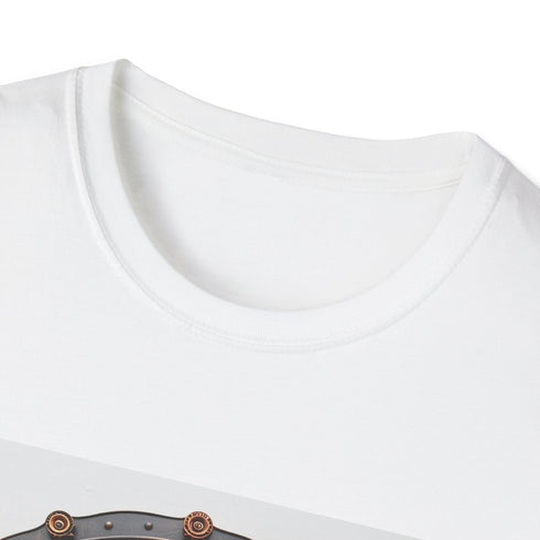 Charcoal steampunk T-shirt with intricate clockwork pattern and crew neck