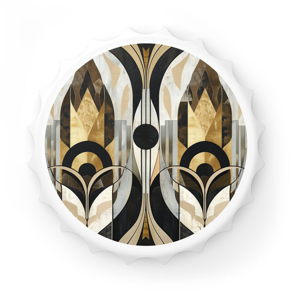 Abstract art deco patterned white bottle opener magnet for kitchen & bar.