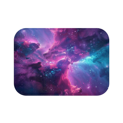 Vibrant neon galaxy bath mat with cosmic swirls and stars.