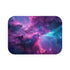 Vibrant neon galaxy bath mat with cosmic swirls and stars.