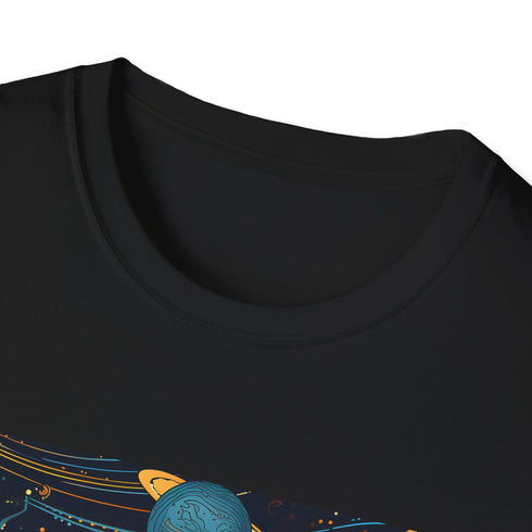 Charcoal cotton T-shirt with celestial pattern featuring stars and moons