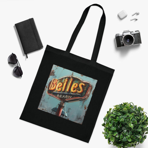 Retro black cotton diner sign tote bag with vintage flair.