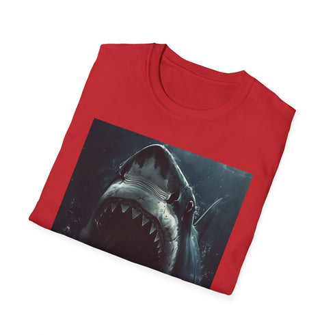 Charcoal t-shirt with vivid Jaws shark painting featuring bold brushstrokes