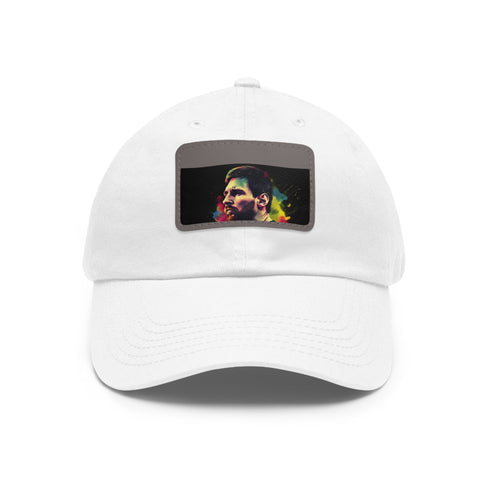 Vibrant Messi watercolor neon hat: white/light brown patch, rectangle shape.