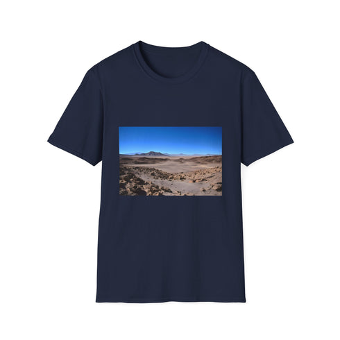 Charcoal crew neck t-shirt featuring vibrant Atacama Desert design on soft cotton