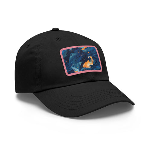 Goldfish-inspired white baseball cap with light brown patch.