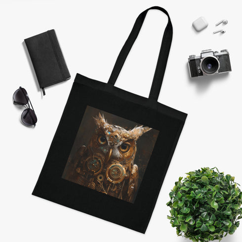 Steampunk black owl tote bag with intricate clockwork design.