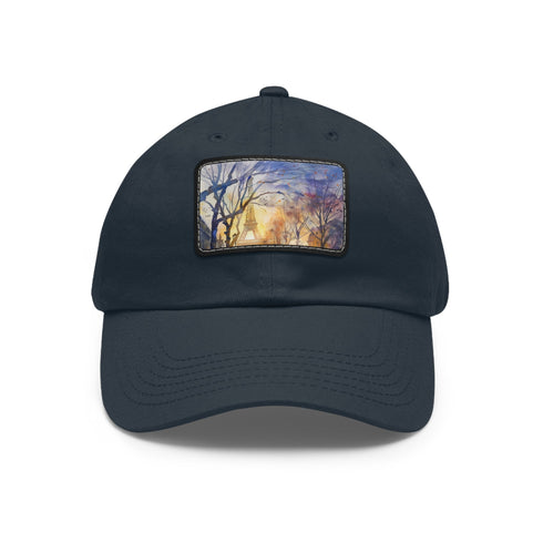 Eiffel Tower watercolor baseball cap with white/light brown rectangle patch.