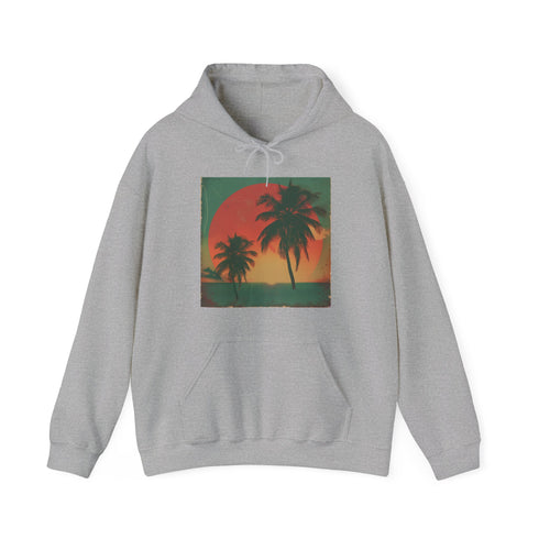 Tropical sunset navy hoodie with palm trees in fiery hues.