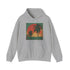 Tropical sunset navy hoodie with palm trees in fiery hues.