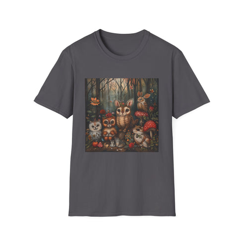 Charcoal cotton t-shirt with vibrant woodland creature design