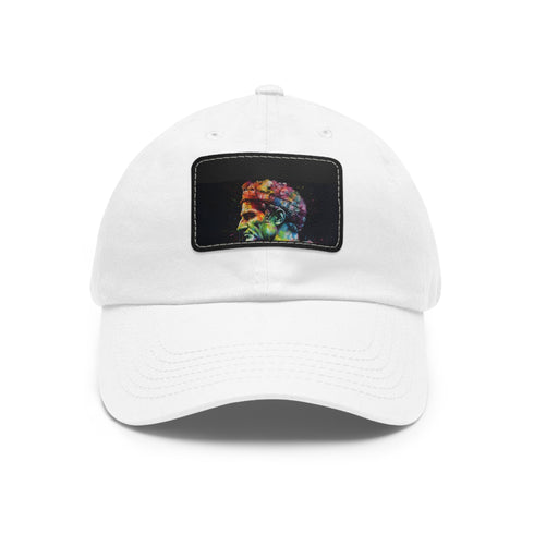 White baseball cap with watercolor neon colors, rectangle patch.
