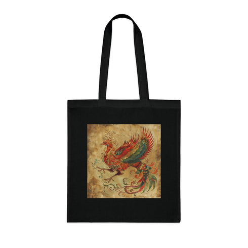 Eternal Flame Black Cotton Tote Bag with Phoenix Design.