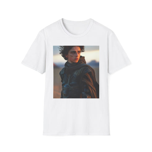 Charcoal cotton T-shirt featuring sweeping brushstroke graphic of Arrakis desert scene