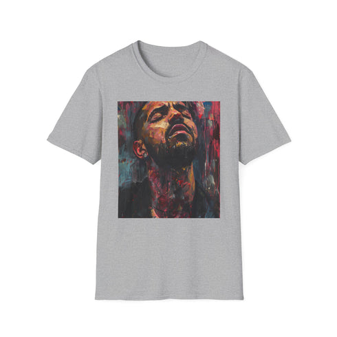 Charcoal cotton T-shirt with vibrant Drake portrait featuring poetic brushstrokes