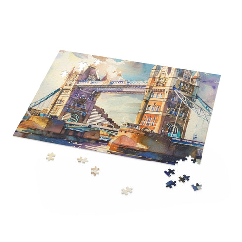 London watercolor Tower Bridge puzzle, 10" x 8" featuring breathtaking view.