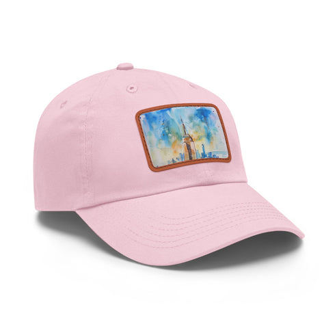Empire State watercolor skyline baseball cap in white with light brown patch.